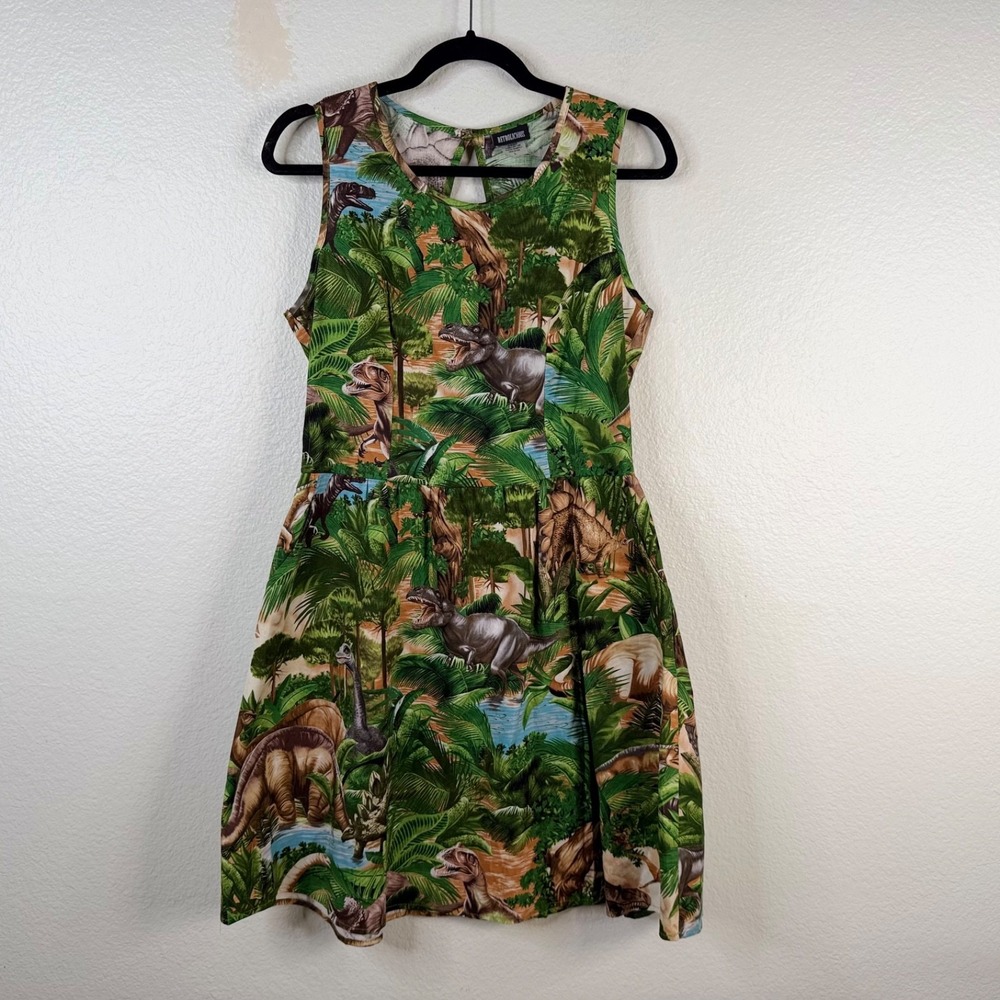 Retrolicious Dress Green Sz L Dinosaur Jurassic Jungle Tropical Novelty - Picture 1 of 10